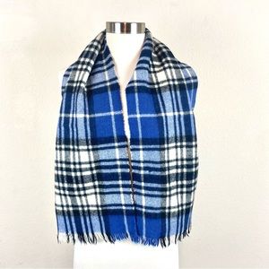 Blue Plaid Fringe Wool Scarf